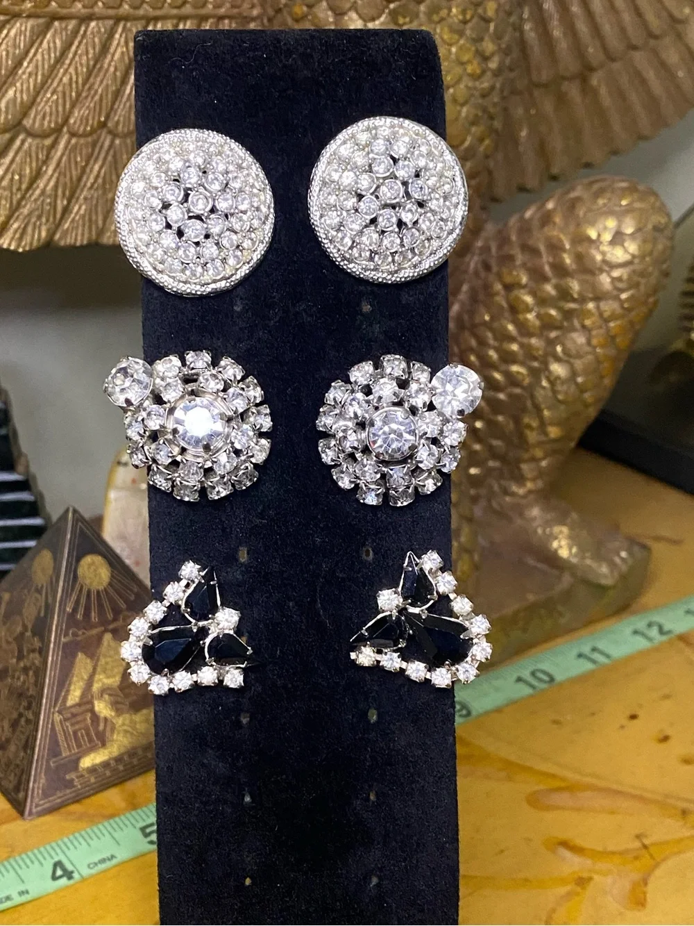 Vintage Cluster Stud Earring Trio - Clear and Black